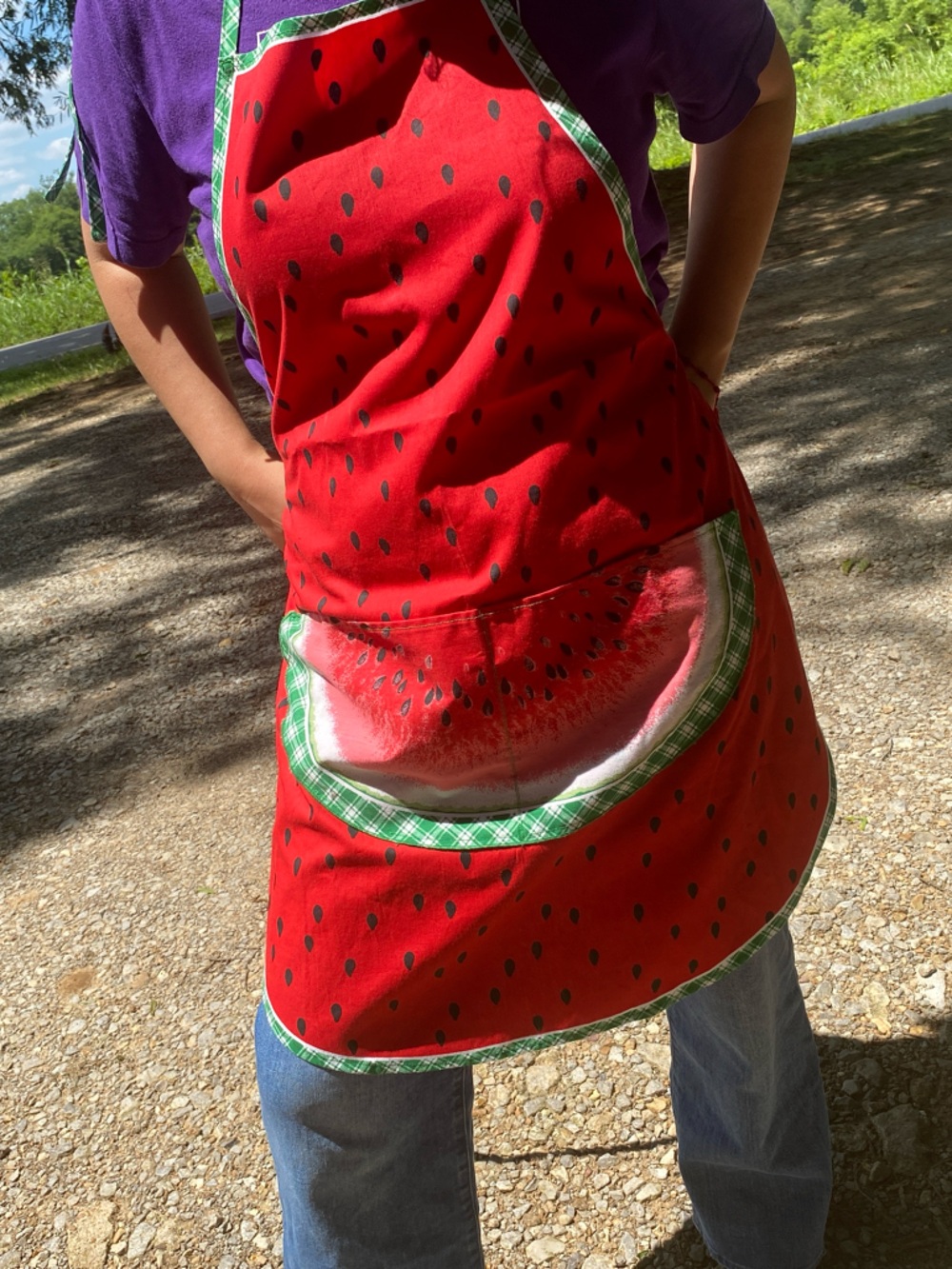 Red metal basket & Watermelon Print Apron - Picture 2 of 4